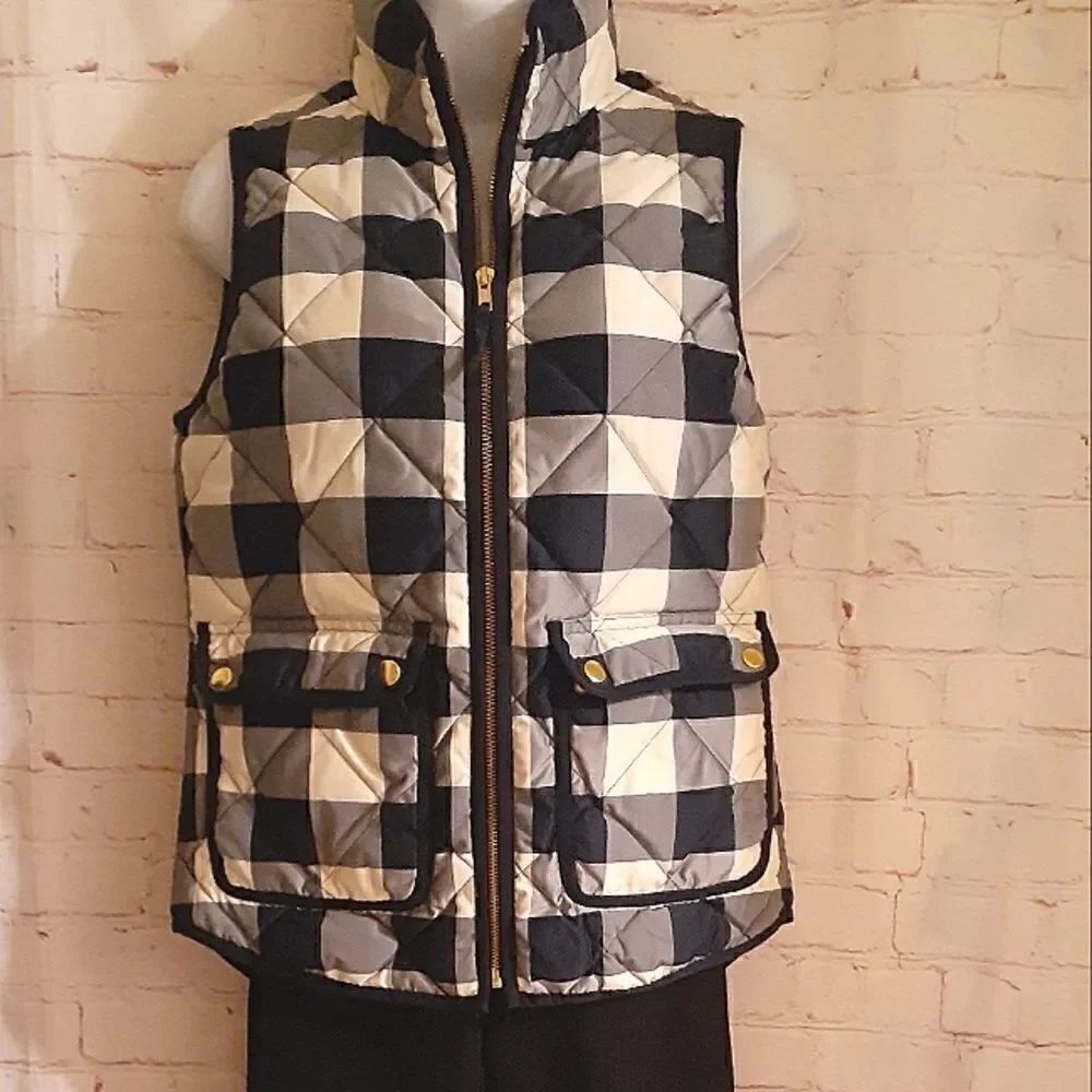 NWOT J.Crew "Excursion" Down Fill Quilted Vest Navy/Ivory Buffalo Check XXS/sz.0